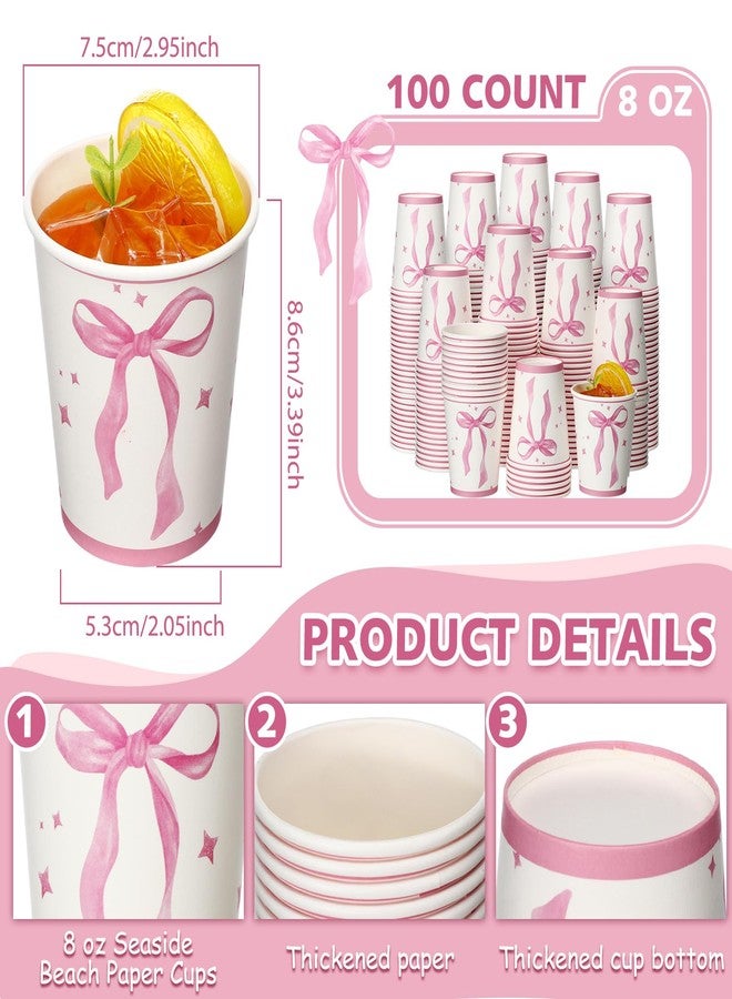 Skyley 100 Pcs Pink Bow Paper Cups Cute Disposable Birthday Bachelorette 9oz Paper Cups Bow Themed Party Decorations for Birthday Coquette Bridal Shower Engagement Pink Party Supplies - Image 3
